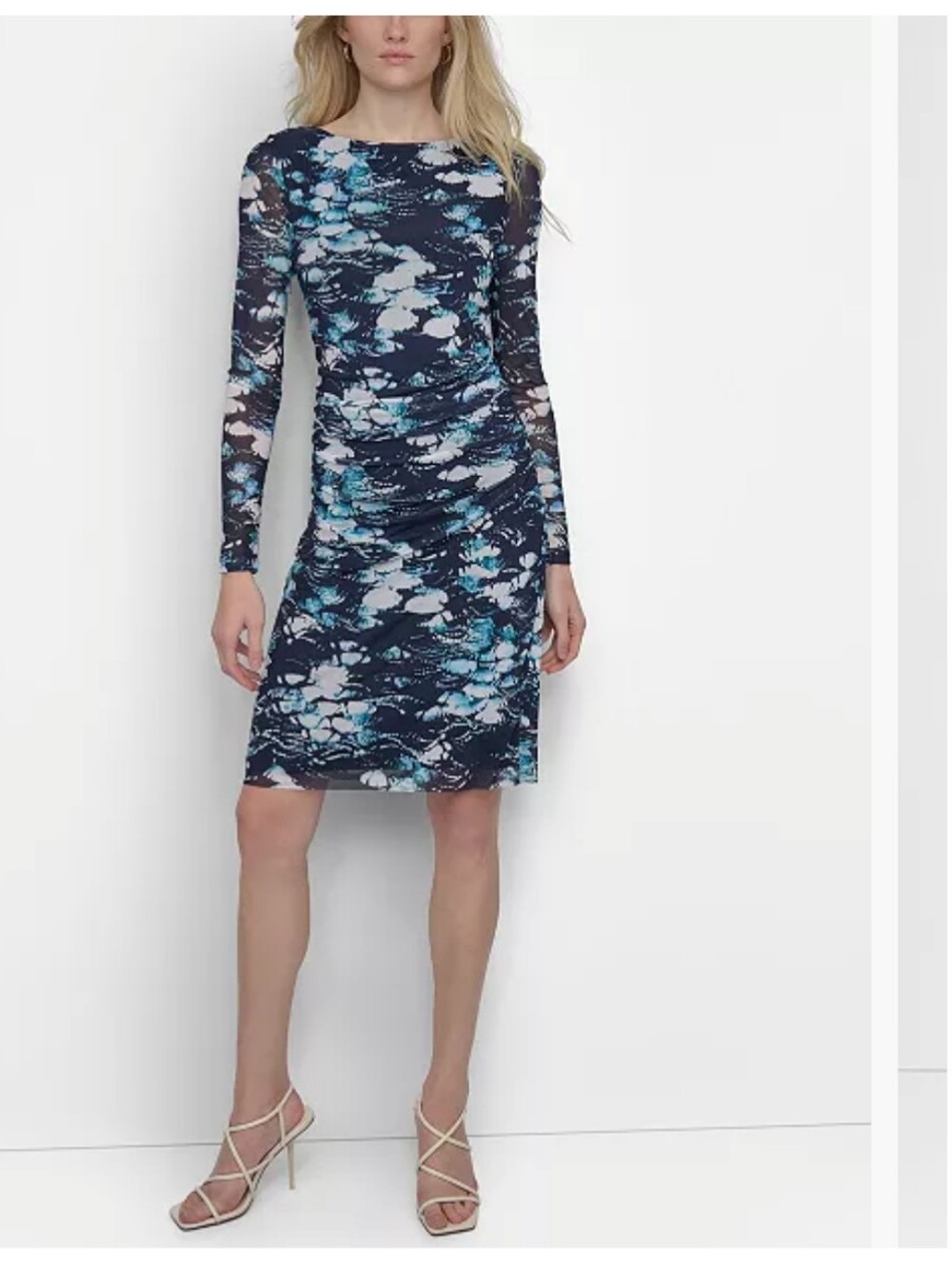 DKNY Floral Sheath Dress Size 6 Blue Black Long Sleeve Ruched Bodycon NWT $139